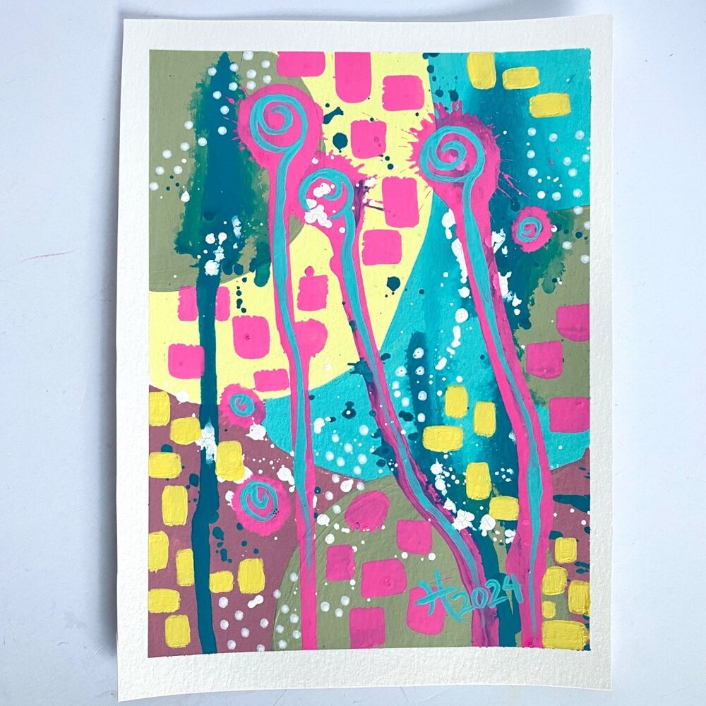 Summer Pop 3 Original Art Acrylic Painting Turquoise Pink Red Frame Ready 8x10in